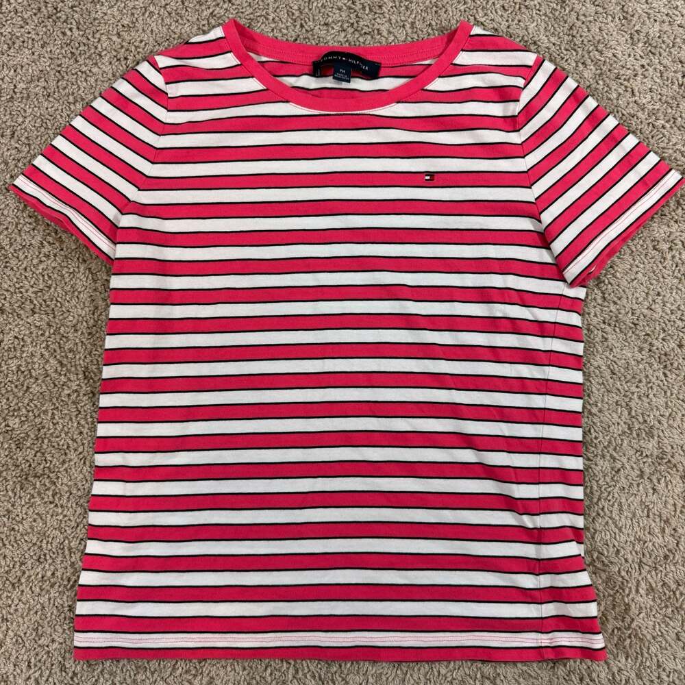 Tommy Hilfiger Petite Medium Pink White Striped Logo Tee Shirt Women’s PM